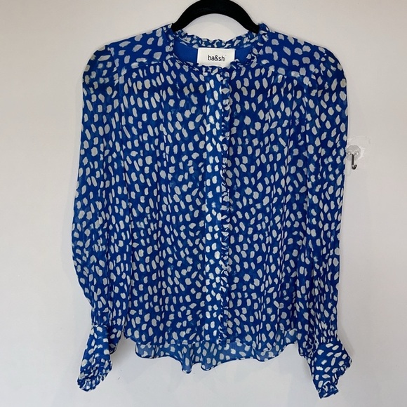ba&sh Ruffle Bingo Giraffe Print Sheet Blouse Blue - Picture 10 of 12